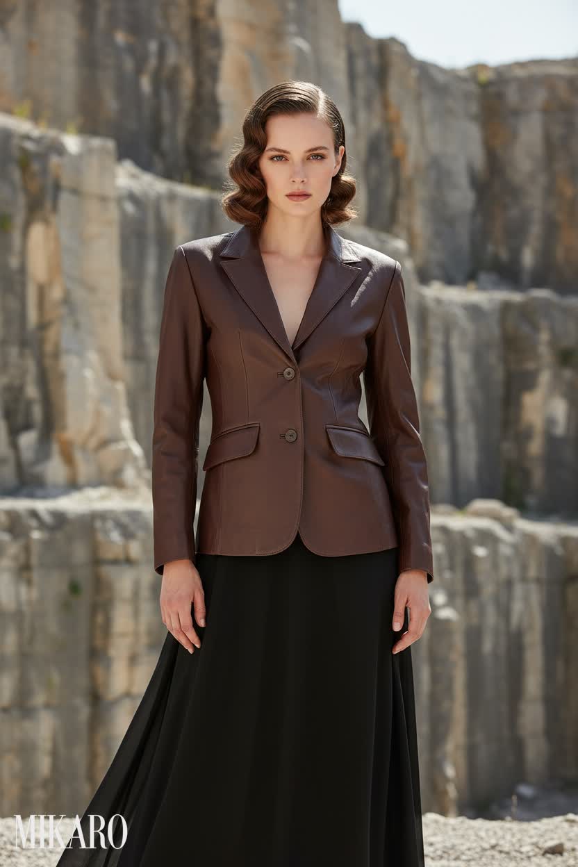 Woman in brown leather blazer, black maxi skirt, quarry background.