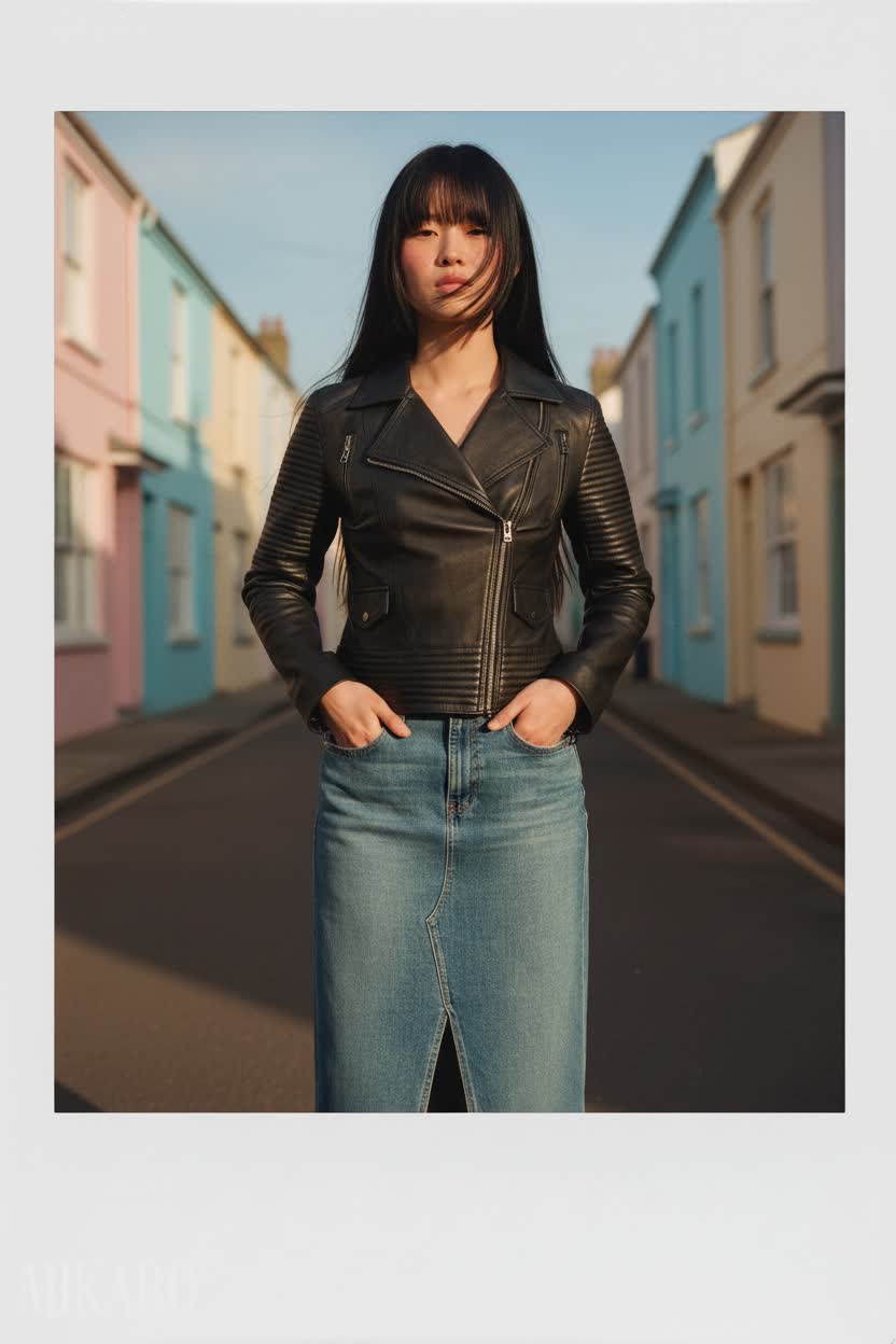 Leather Jacket & Denim Midi Skirt Ensemble