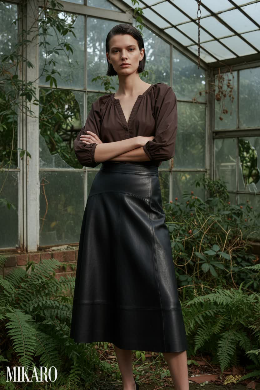 Leather Midi Skirt and Gathered Blouse Ensemble