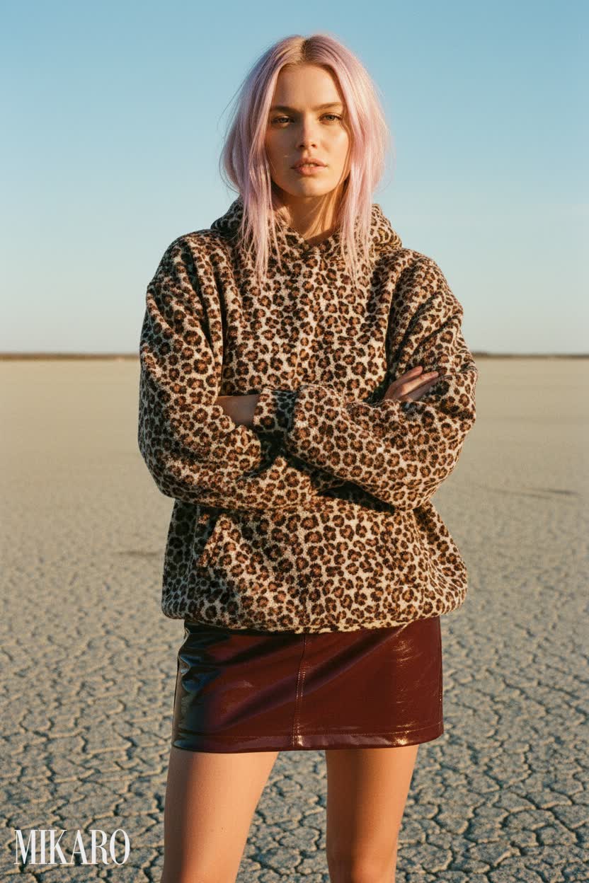Leopard Hoodie & Patent Mini Skirt Ensemble