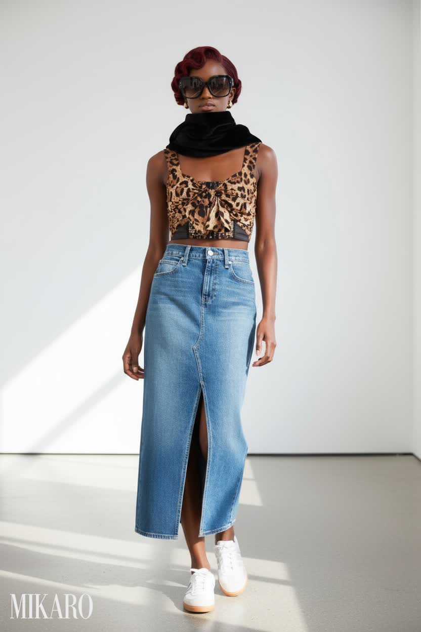 Leopard Print Crop Top & Denim Midi Skirt Ensemble