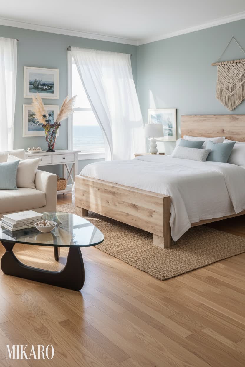 Luxurious Coastal Bedroom Design: King Bed, Glass Coffee Table & Murano Glass Vase