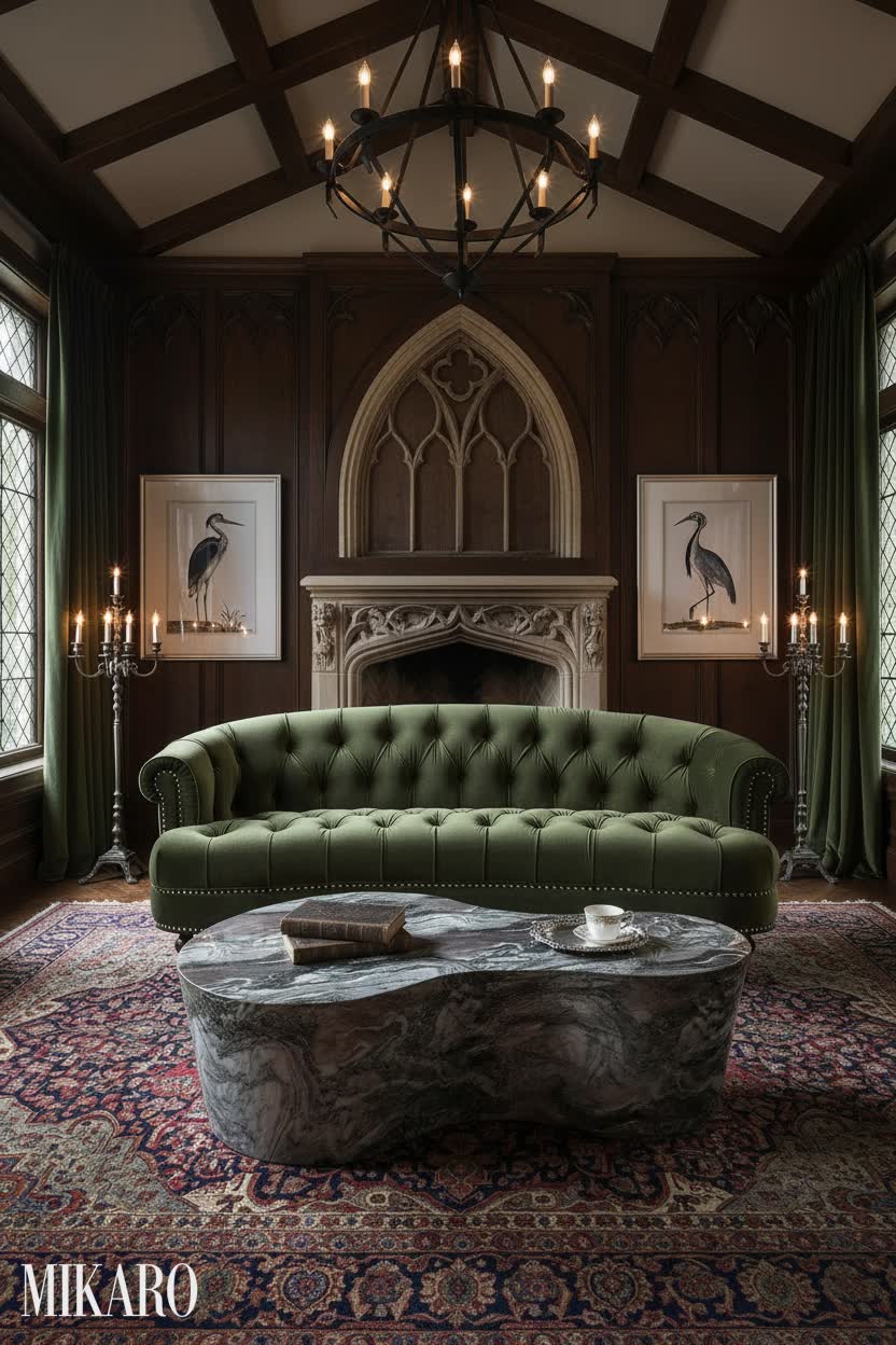 Luxurious Gothic Living Room: Olive Velvet Chesterfield, Marble Coffee Table & Shore Birds Art