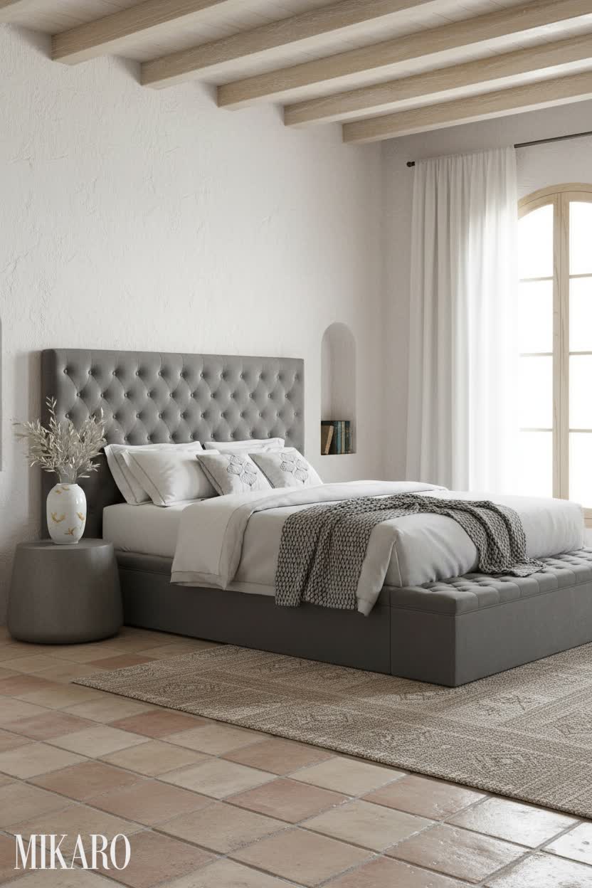 Luxurious Mediterranean Bedroom Retreat with Velvet Storage Bed & Concrete Accents