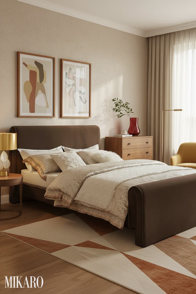 Luxurious Mid-Century Modern Bedroom: Velvet Bed, Gold Lamp, Aalto Vase
