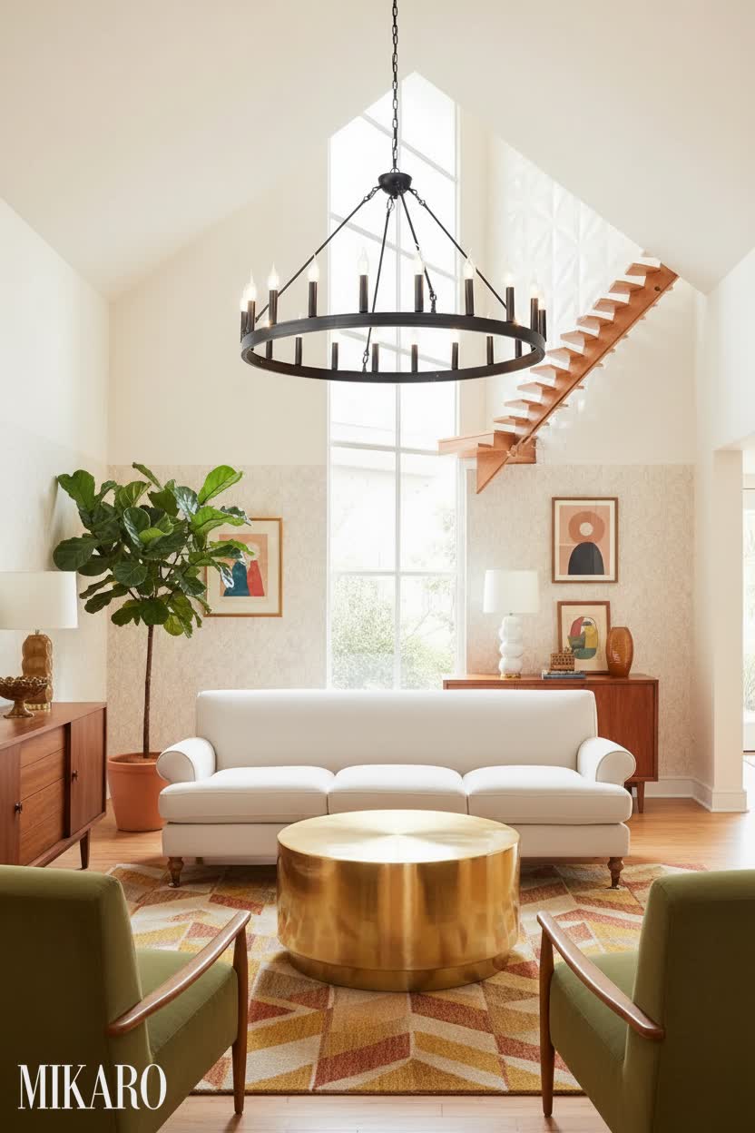 Luxurious Retro Living Room: Wagon Wheel Chandelier, Gold Coffee Table & Plush Sofa