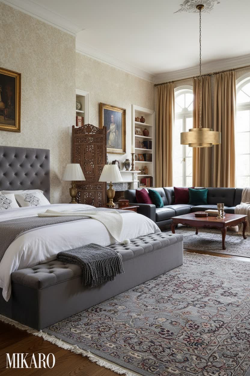 Luxurious Traditional Living: Velvet Bed, Leather Sofa & Geometric Pendant