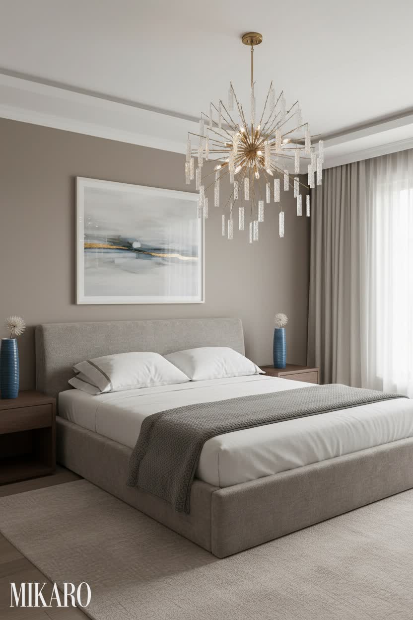 Luxurious Transitional Bedroom Design: Rove Lab Bed, Brass Chandelier & Modern Vase Accents