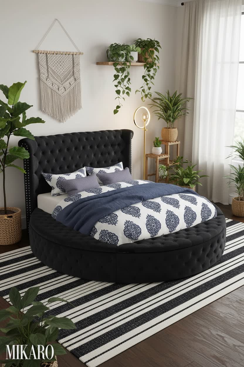 Black velvet round bed with cherry blossom vase in an urban jungle bedroom