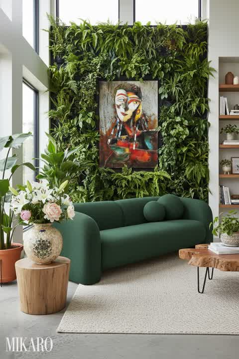 Luxury Biophilic Living: Green Boucle Sofa, Marble Plant Pot & Abstract Art Decor Ideas