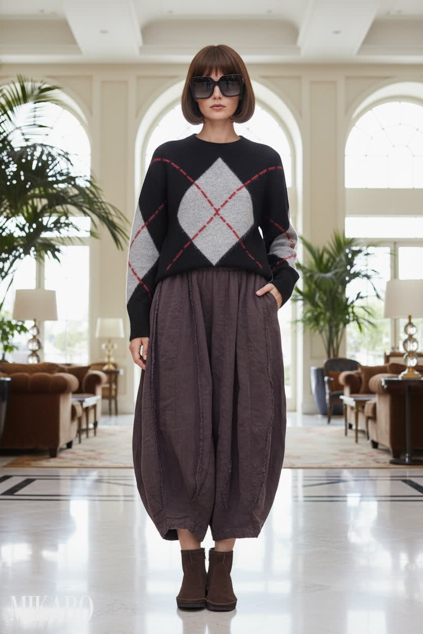Luxury Lobby Fashion: Argyle Jumper & Linen Cropped Pants
