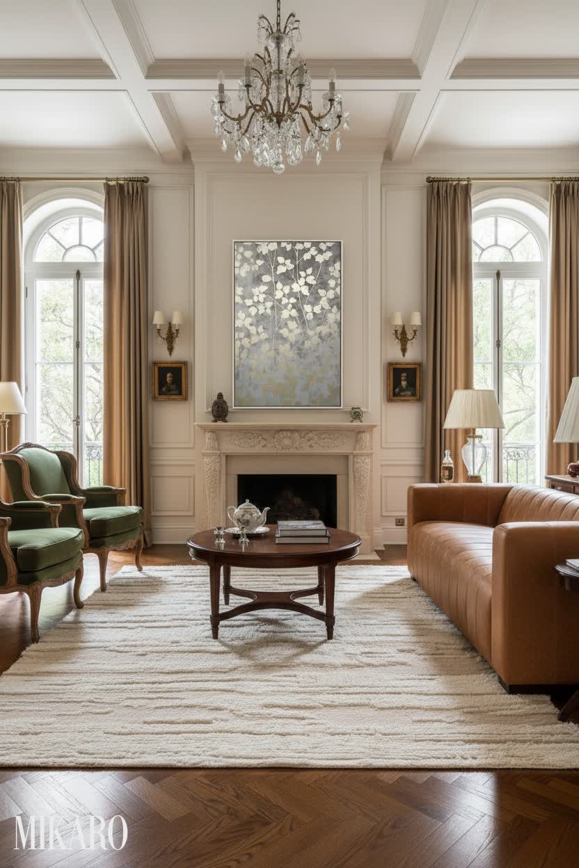 Luxury Traditional Living Room: Cognac Sofa, Moroccan Rug & Floral Art