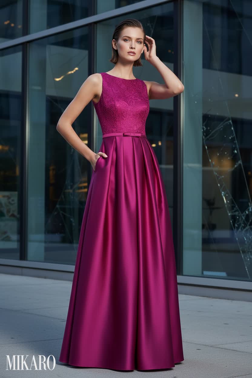 Woman in long magenta satin lace evening dress