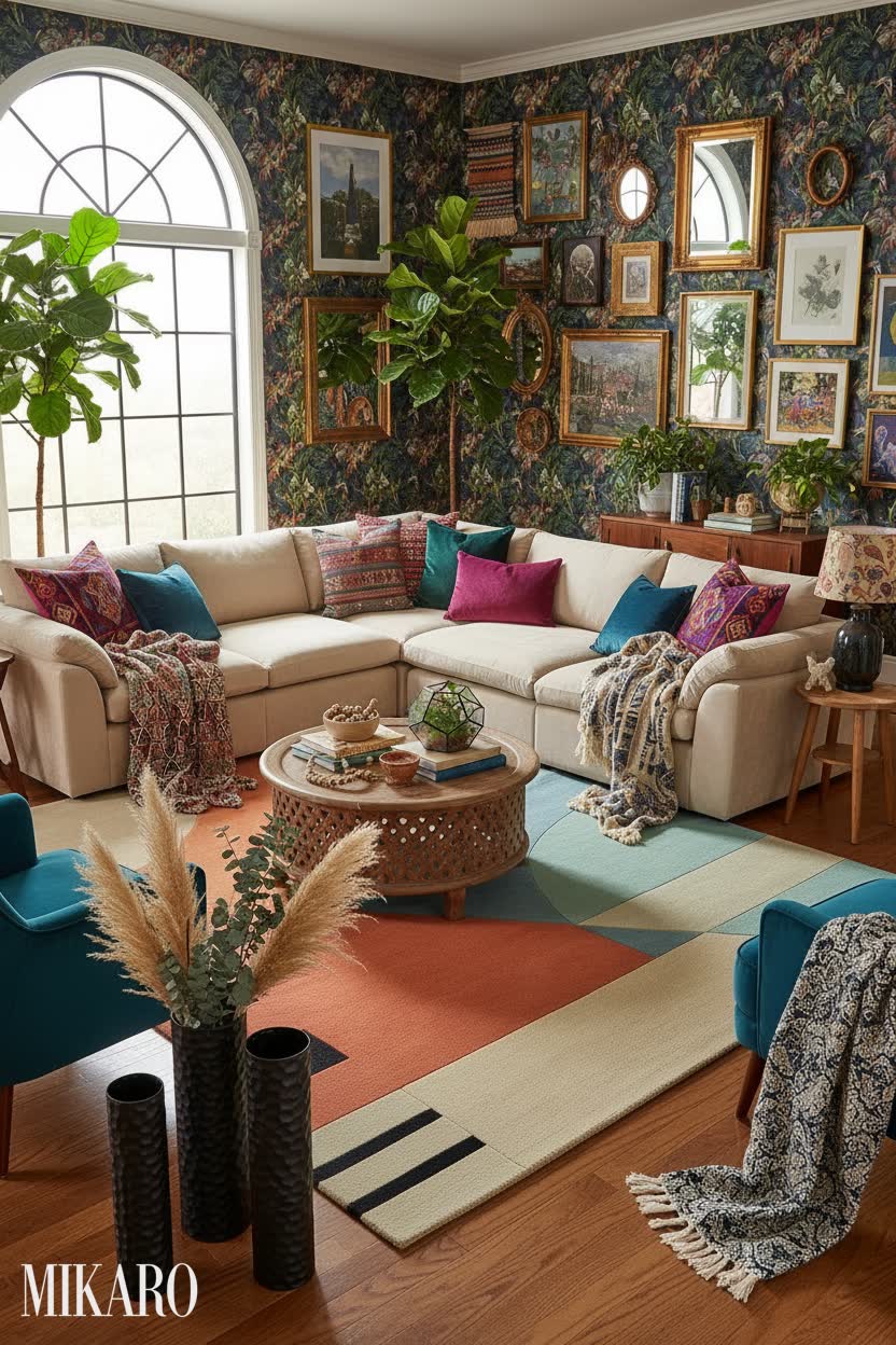 Maximalism: Bold Eclectic Living Room with Abstract Rug