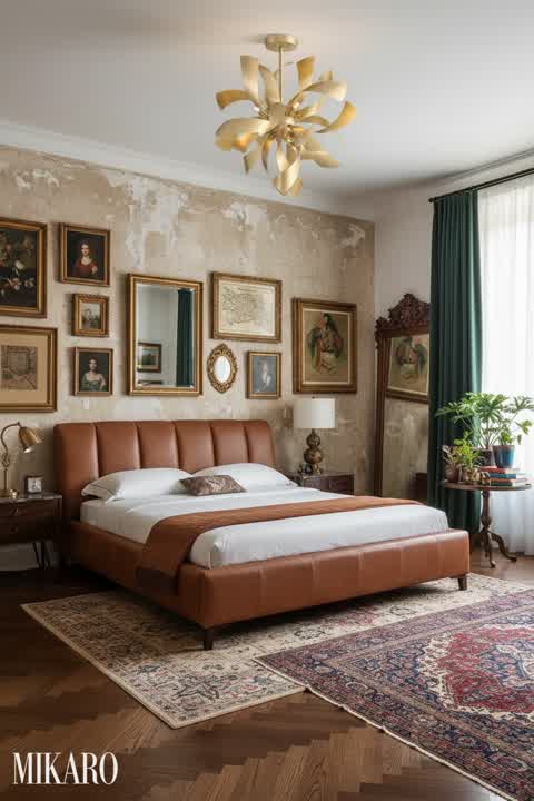 Maximalism: Cognac Leather & Gold Accents Bedroom