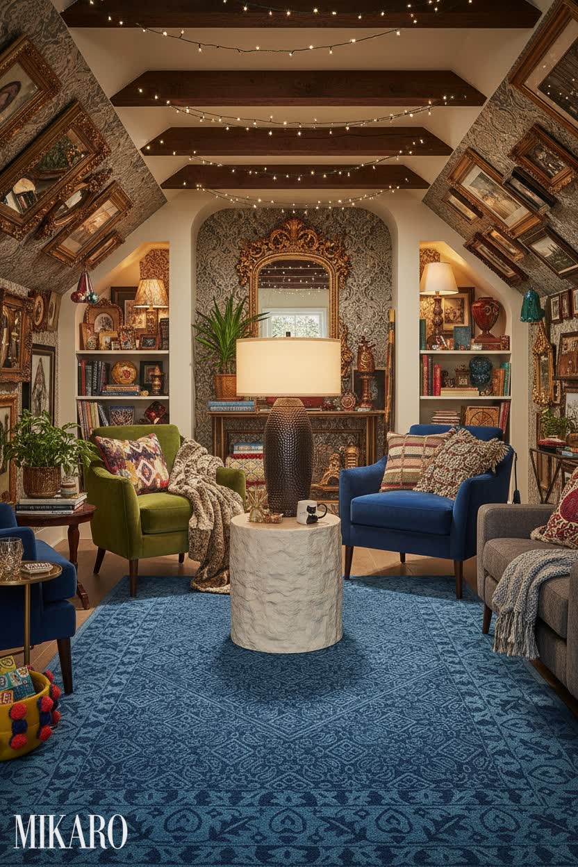 Maximalism: Cozy Attic Retreat with Eclectic Decor and Rich Textures