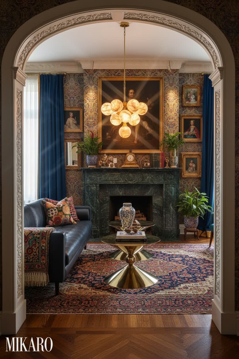 Maximalism: Ornate Fireplace Mantel & Luxe Living Room