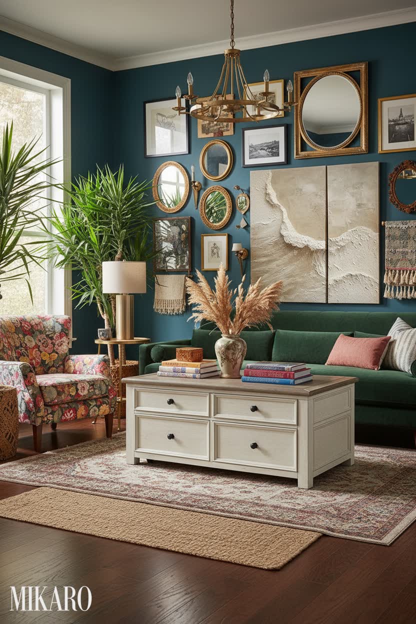 Maximalist Broken Plan Living Room: Rustic Coffee Table & Abstract Art