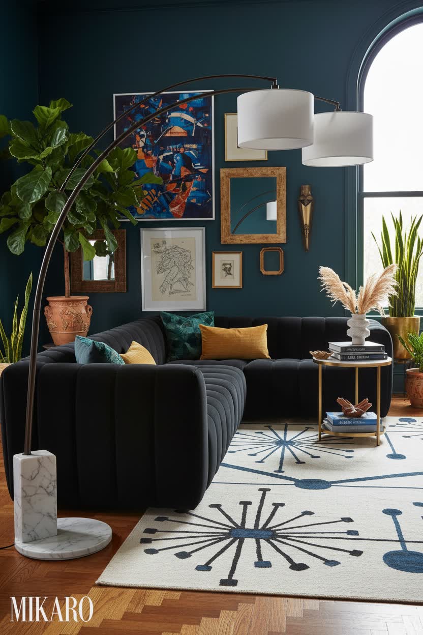 Maximalist Living Room: Black Boucle Sofa, Arched Lamp & Abstract Rug