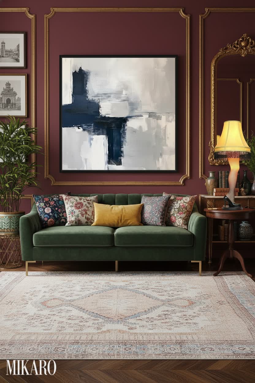 Maximalist Living Room Decor: Indigo Art, Boho Rug & Quirky Leg Lamp – High-End Interior Design