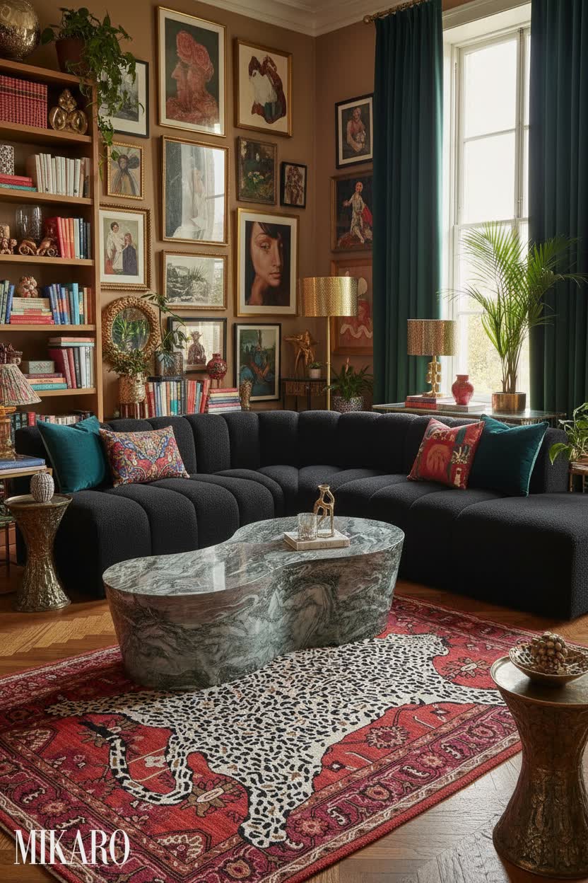 Maximalist Living Room Decor: Marble Coffee Table, Boucle Sofa & Leopard Rug Inspiration