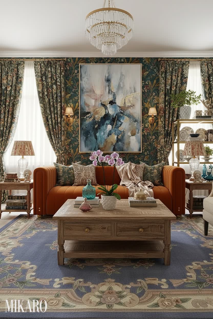 Maximalist Living Room Decor: Orange Velvet Sofa, Blue Aubusson Rug & Abstract Art