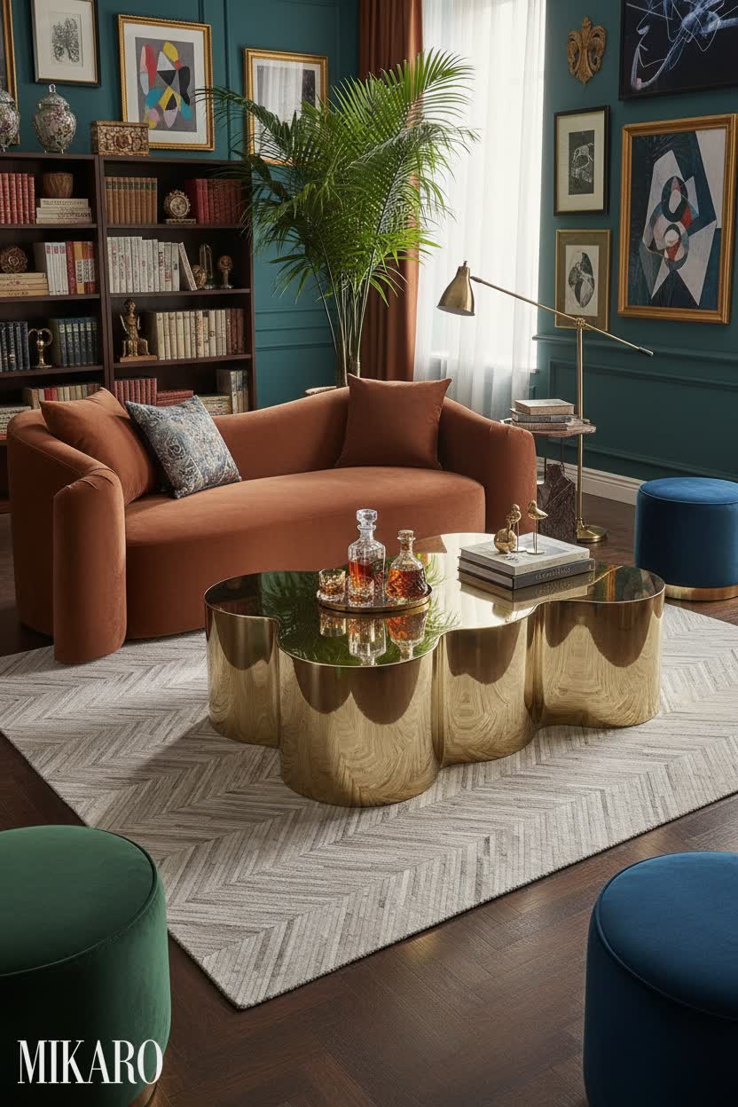 Maximalist Luxe Living Room: Cognac Velvet, Gold Accents & Chevron Cowhide Rug
