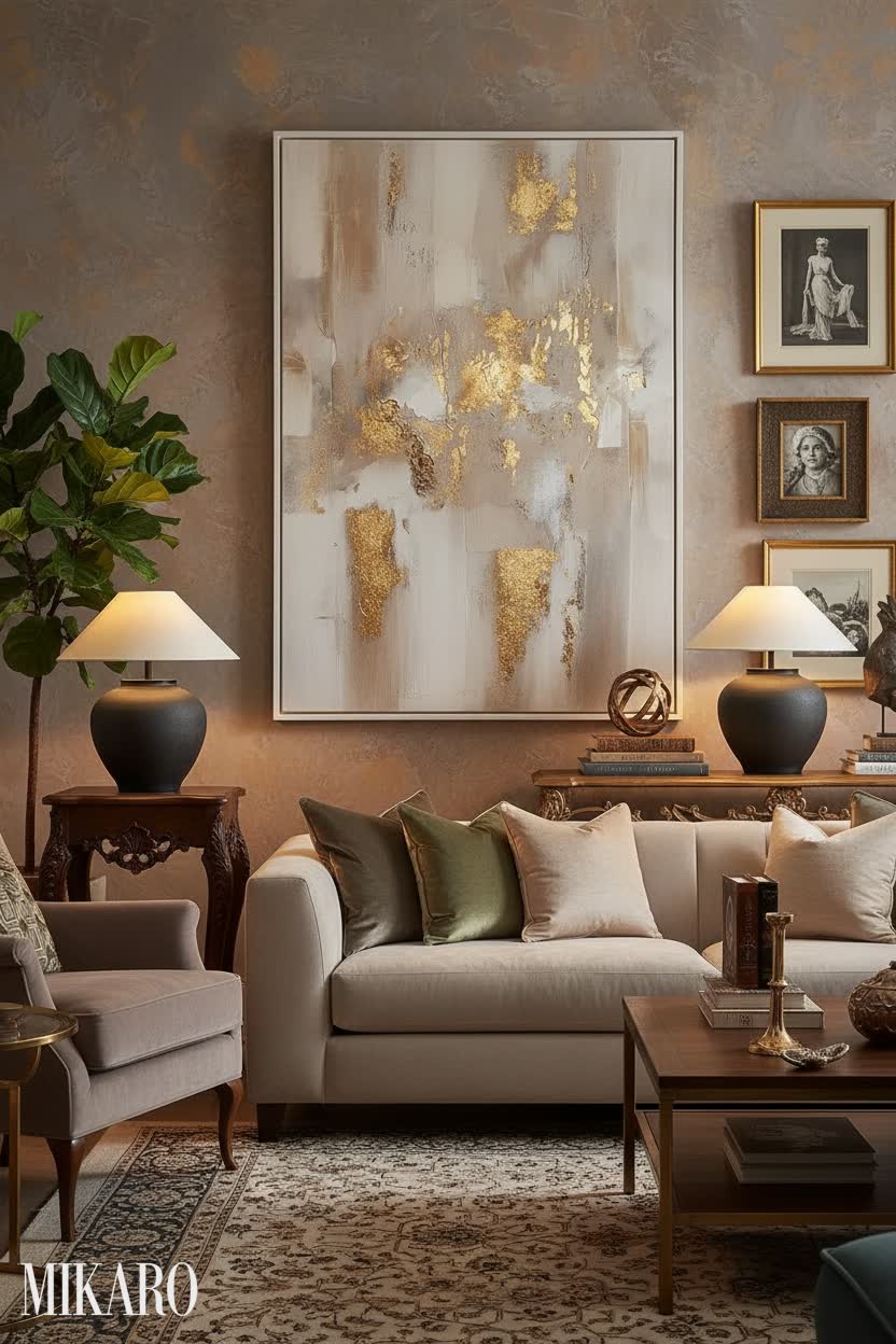 Maximalist Luxury Living Room: Ceramic Lamps, Abstract Art & Tall Vases for Opulent Homes