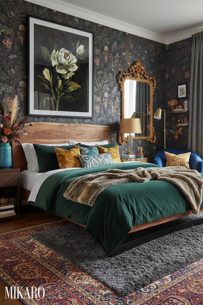 Maximalist Master Bedroom Design: Moody Floral Art, Ceramic Vases & Queen Bed