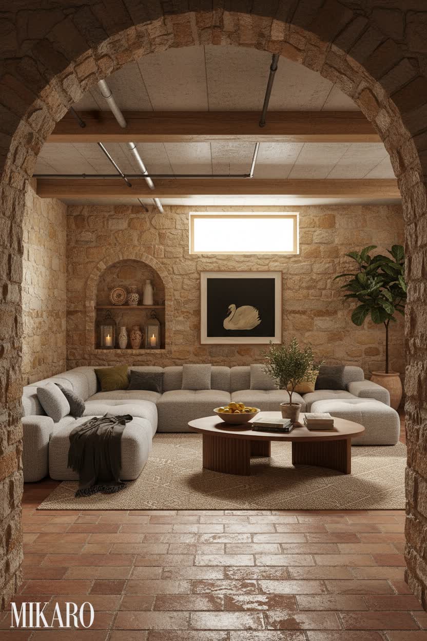Mediterranean Basement: Cozy Living with Exposed Stone & Modern Comfort