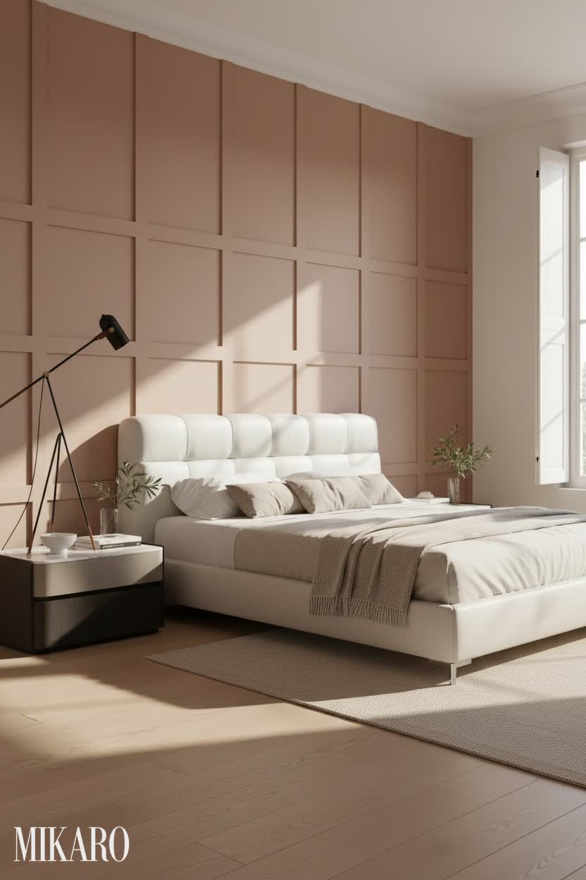 Mediterranean Dream Bedroom: White Leather Bed, Low Table & Floor Lamp for Chic Relaxation