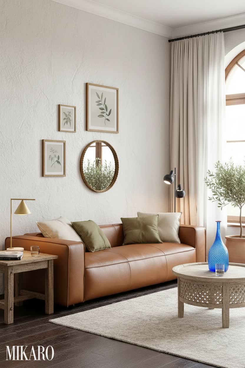 Mediterranean Living Room: Brown Leather Sofa, Gold Lamp & Blue Accent Bottle