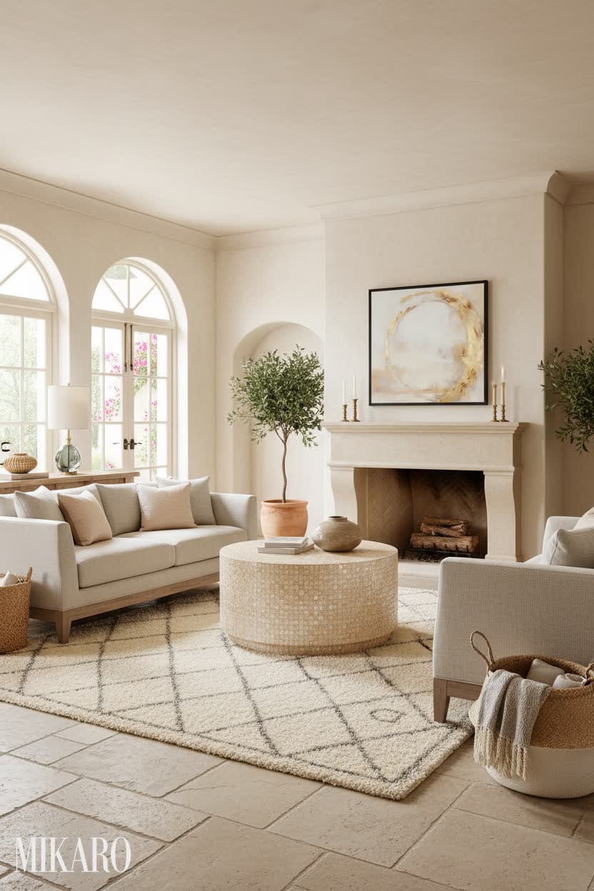 Mediterranean Living Room Oasis with Capiz Coffee Table & Golden Orb Art