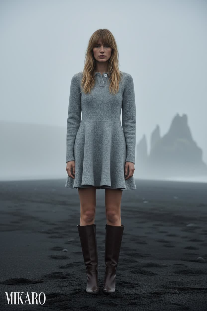 Melange Knit Dress & Knee-High Boots Ensemble