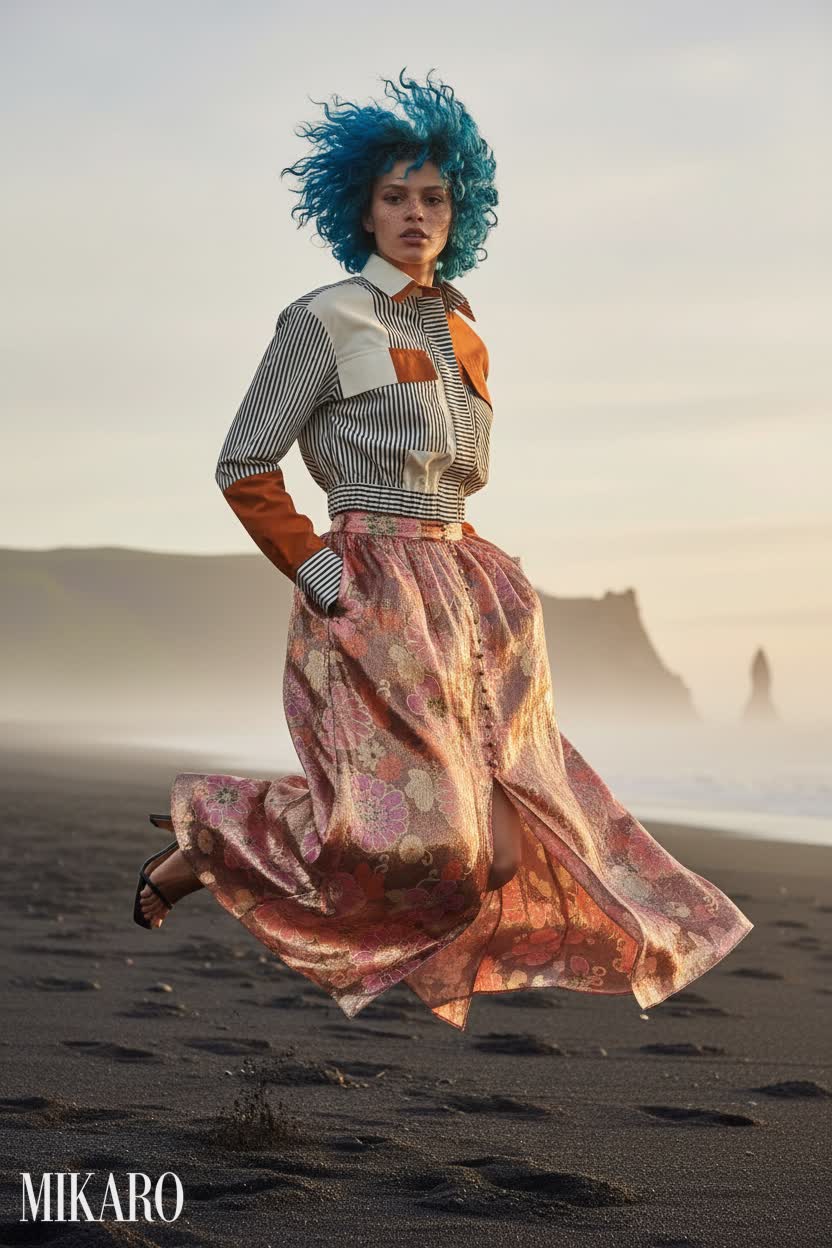 Metallic Floral Maxi Skirt and Striped Cropped Blouse