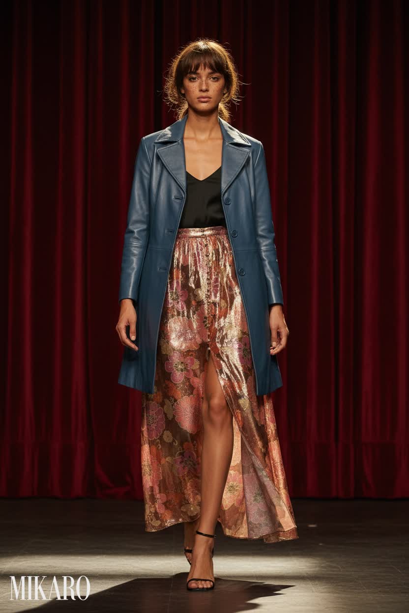 Metallic Floral Maxi Skirt & Leather Car Coat Ensemble