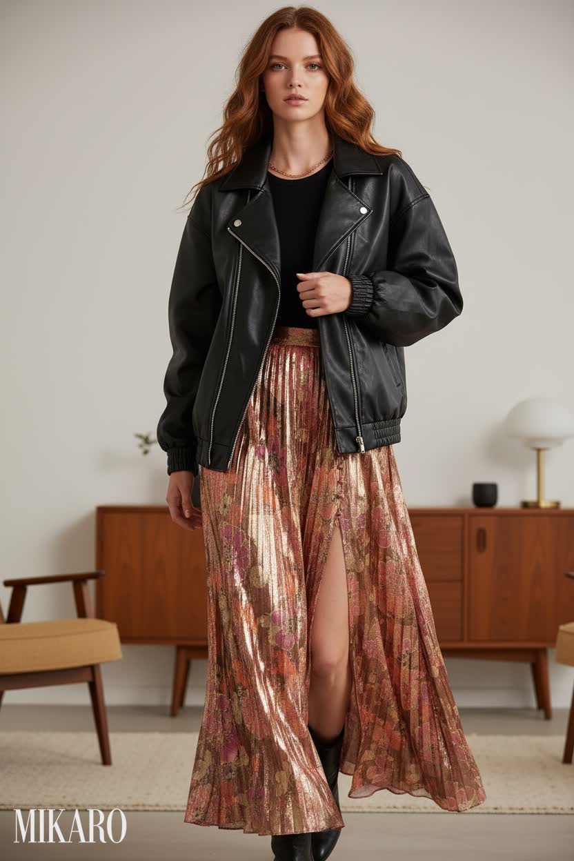 Metallic Floral Maxi Skirt & Oversized Leather Jacket Outfit