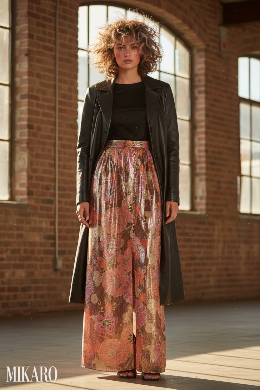 Metallic Floral Maxi Skirt with Leather Coat