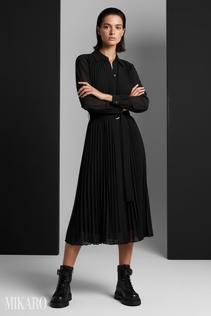 Michael Kors Pleated Shirt Dress with Combat Boots