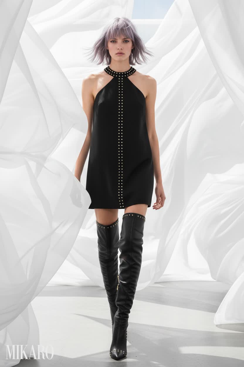 Michael Kors Studded Halter Mini Dress with Boots