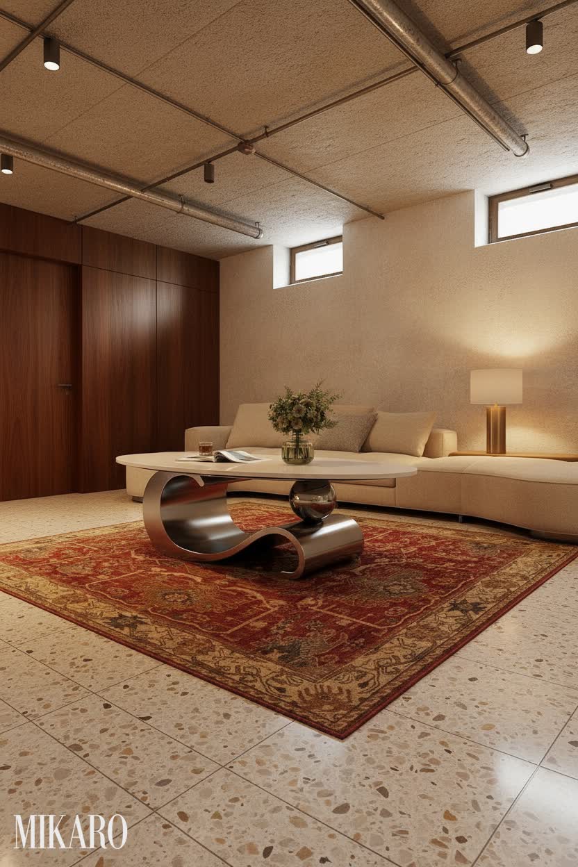 Mid-Century Modern: Basement Foyer Elegance with a Nostalgic Glow