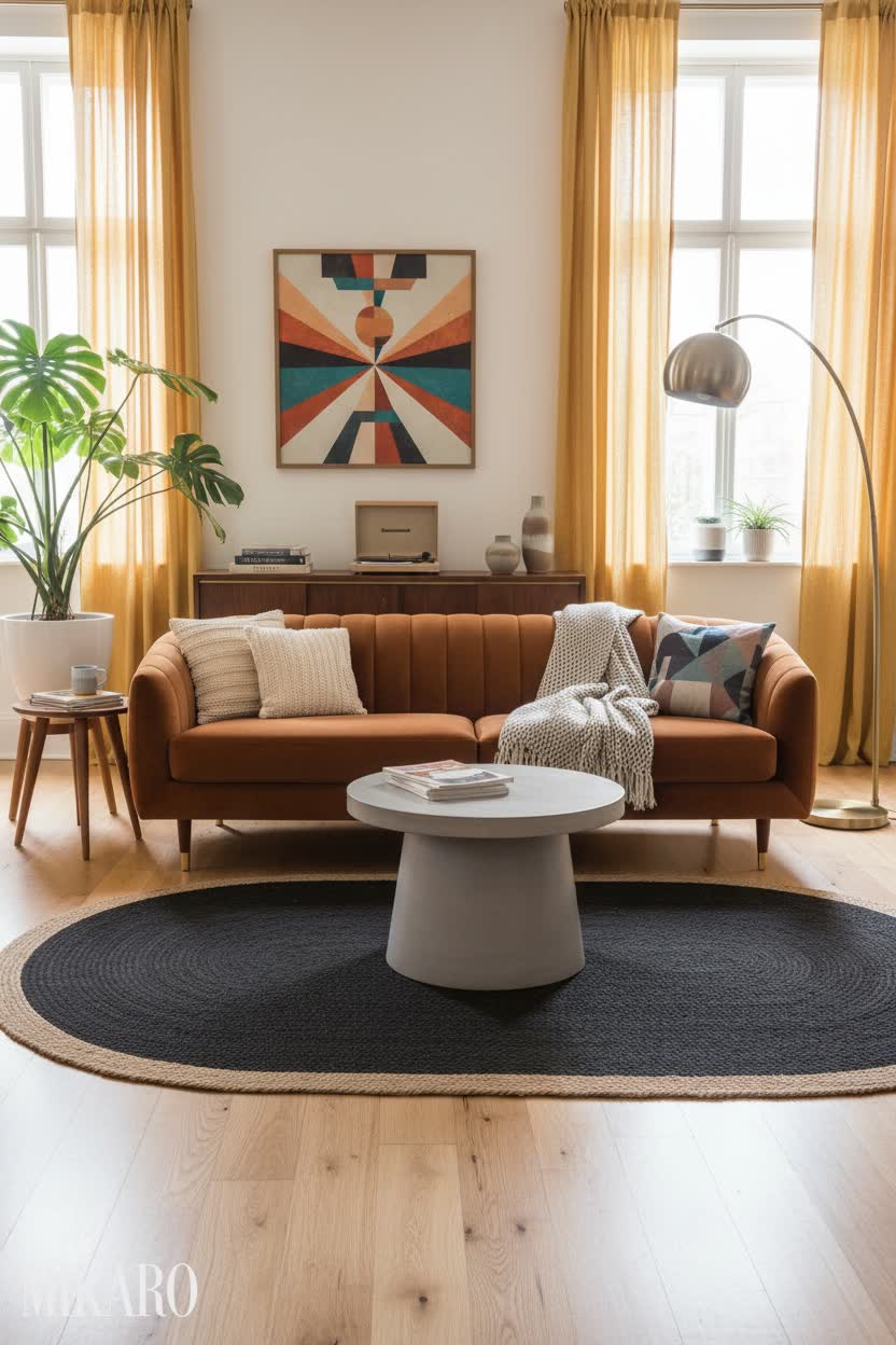 Mid-Century Modern Living Room: Cognac Velvet Sofa, Jute Rug & Concrete Coffee Table