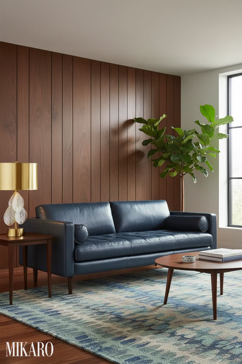 Mid-Century Modern Living Room: Full-Grain Leather Sofa & Artistic Table Lamp Design