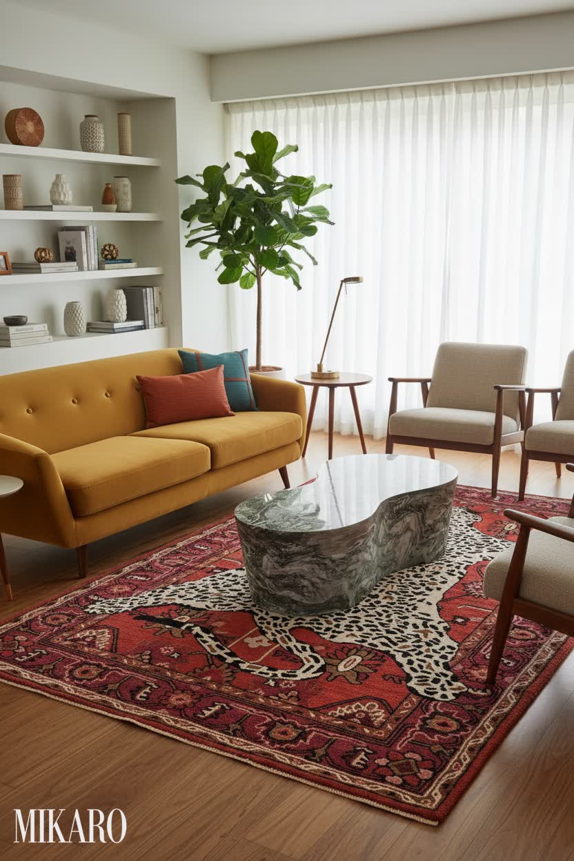 Mid-Century Modern Living Room: Honey Gold Lamp, Marble Coffee Table, Leopard Rug