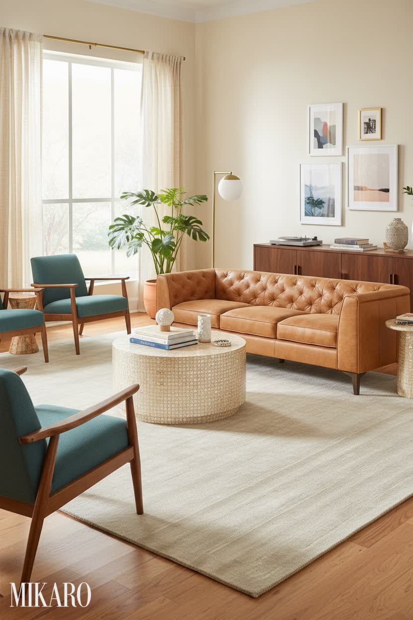 Mid-Century Modern Living Room: Leather & Capiz Accents Ideas