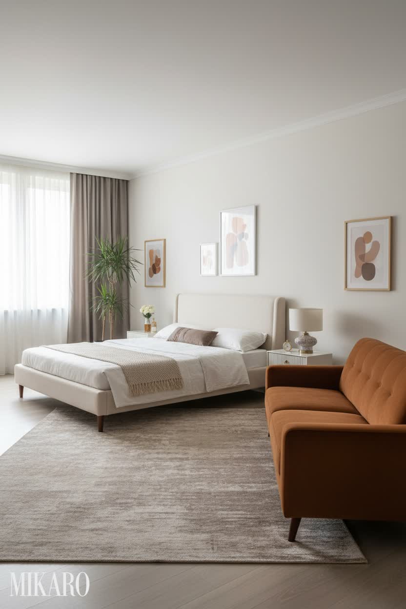 Mid-Century Modern Luxe: Velvet Sofa, Silk Rug & Linen Bed Bedroom Design Inspiration