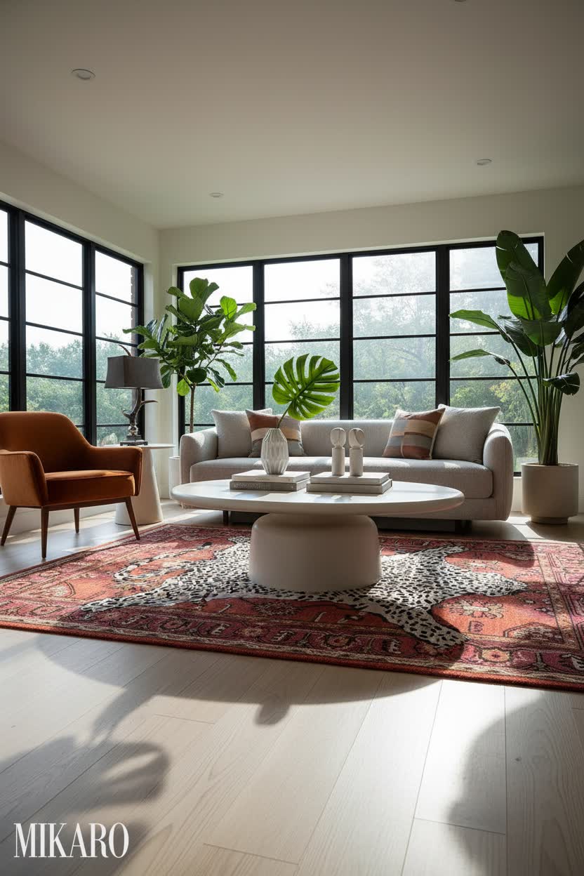 Mid-Century Modern: Serene Sunroom Retreat with Warm Accents