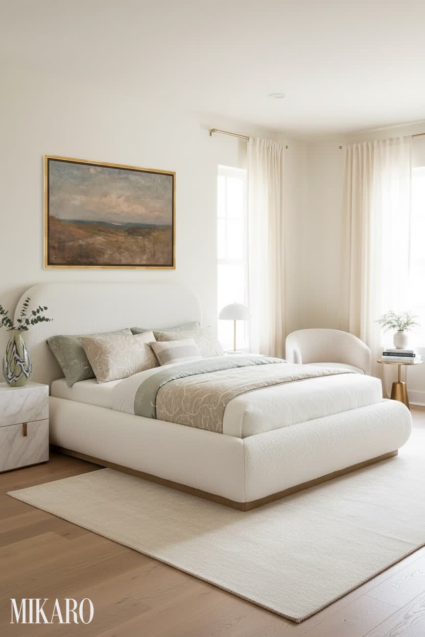 Minimalist Bedroom: Cream Boucle & Vintage Artistry