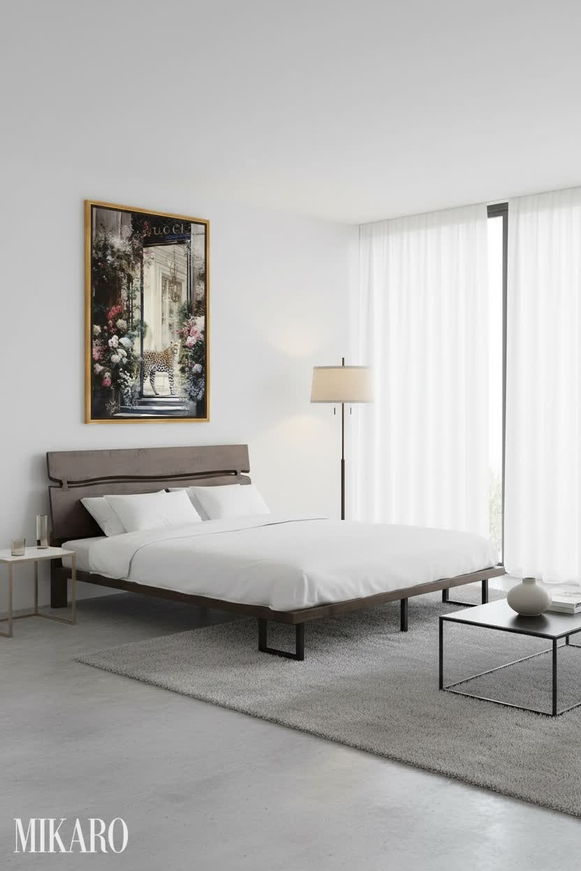 Minimalist Bedroom Design: Serene King Bed, Elegant Floor Lamp & Sophisticated Wall Art