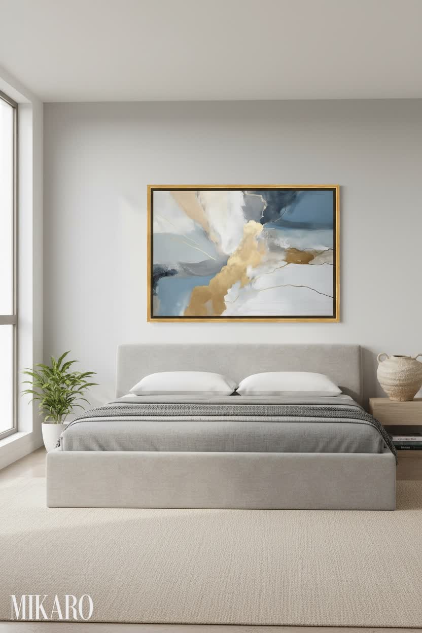 Minimalist Bedroom Retreat: Modern Bed, Abstract Art & Rustic Vase Decor Ideas